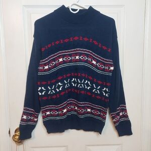 Arielle Vintage 80s Navy Blue Red Geometric Print Crewneck Knit Sweater Size M